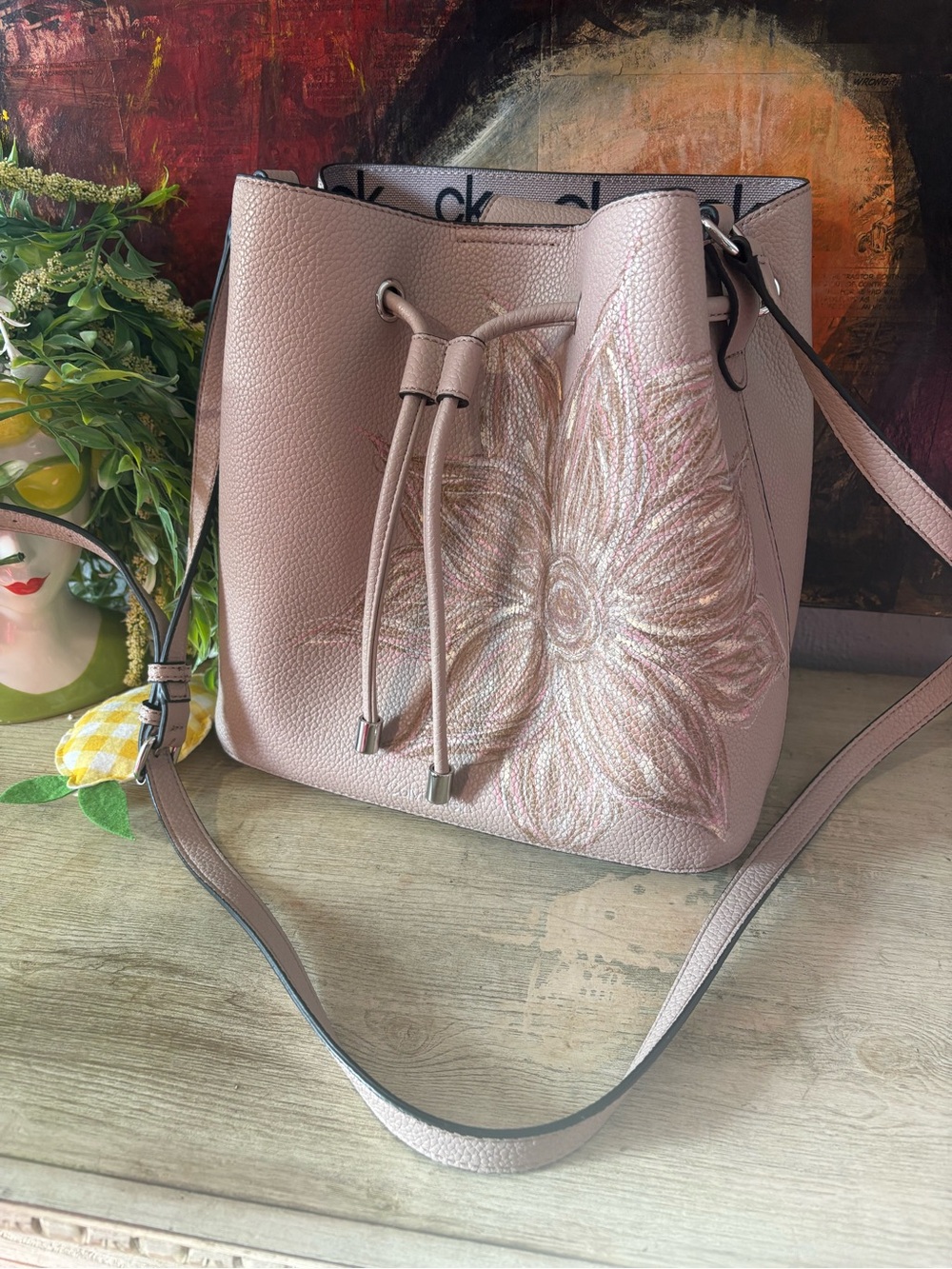 Calvin Klein Pink Embroidered Drawstring Bucket Shoulder Bag